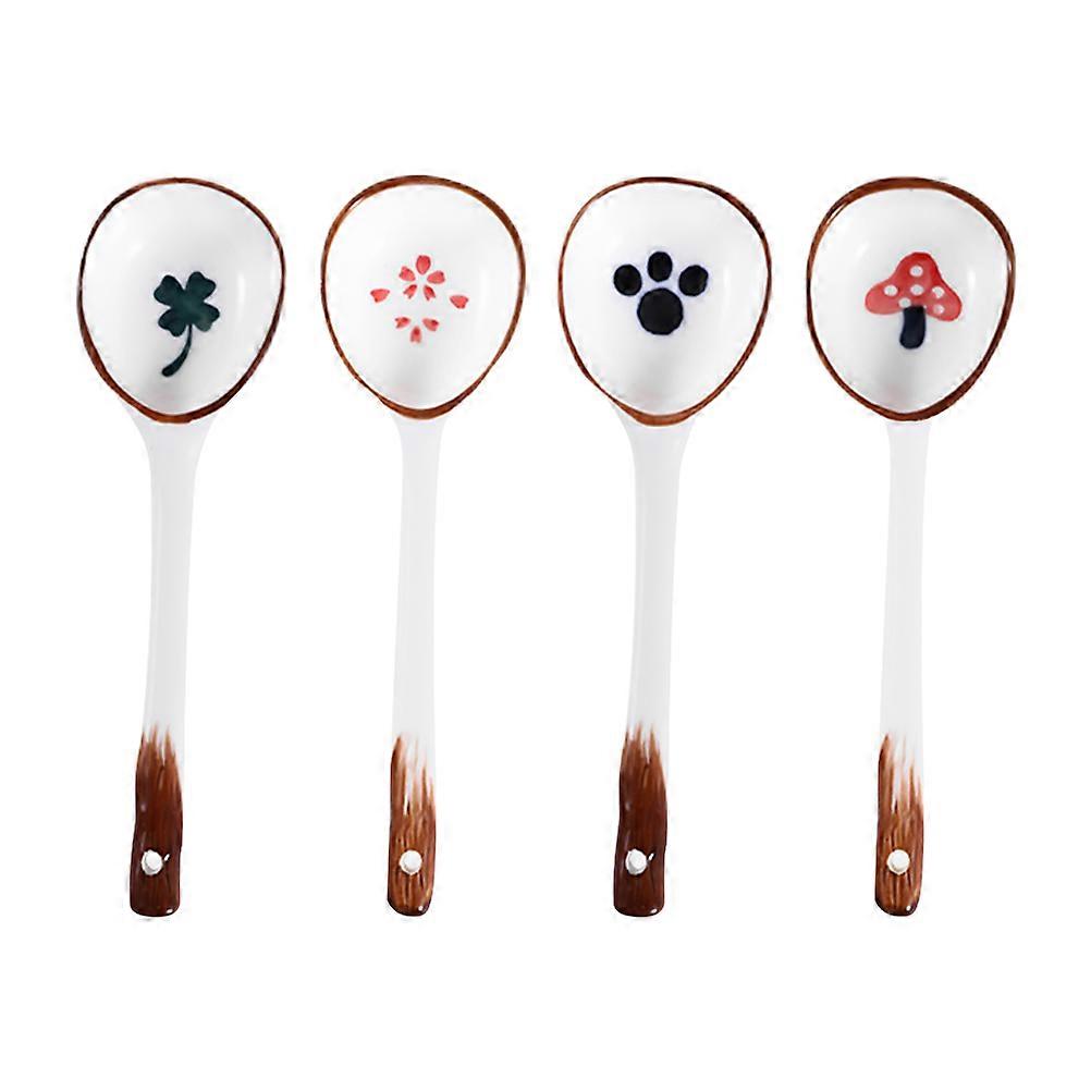4pcs Ceramic Soup Spoons, Small Japanese Style Porcelain Porridge Spoons with Long Handle for Restaurant or Home Use, Smooth Surface