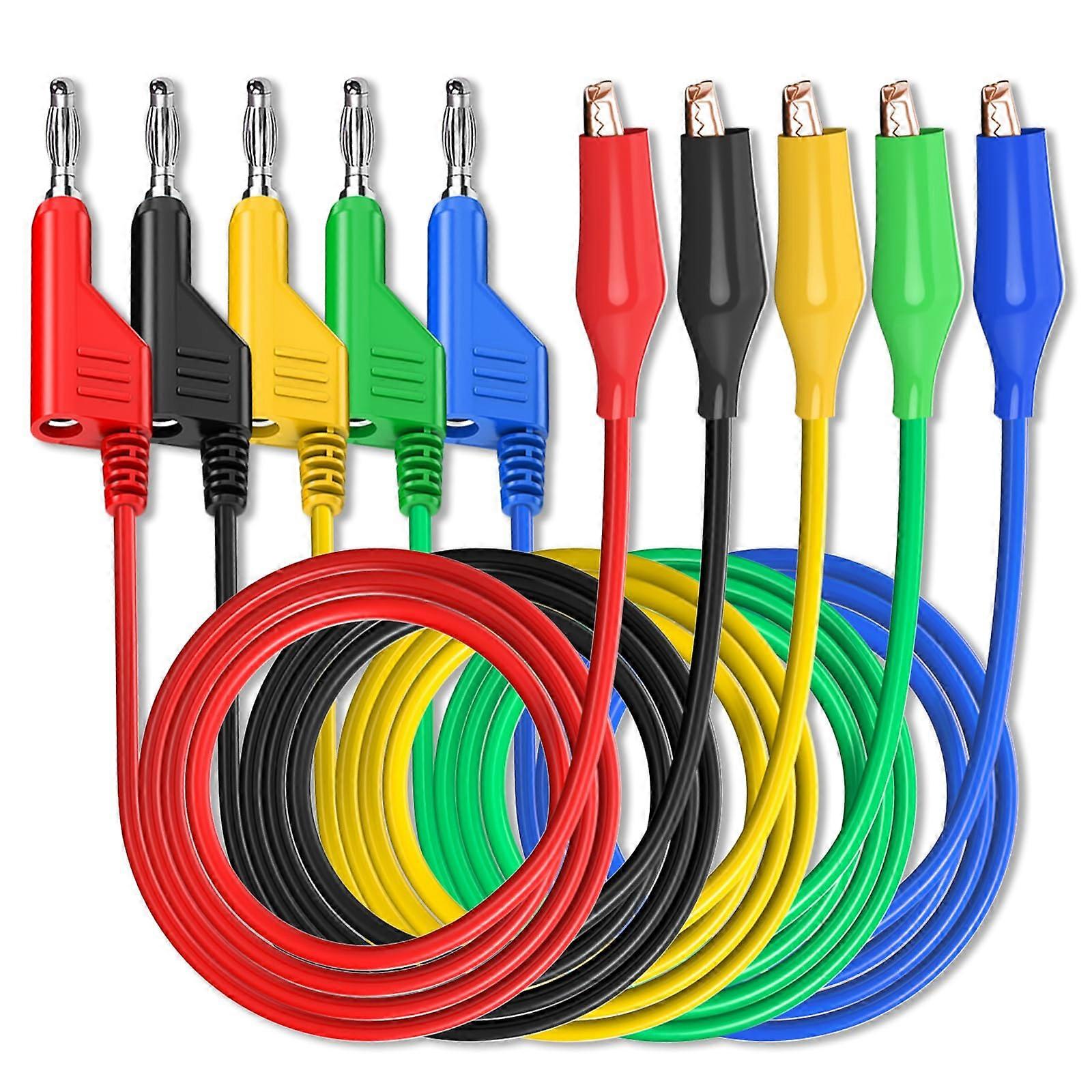 Banana Plug to Crocodile Clips Cable Pack of 5 for Multimeter, 4 mm Banana, 10 mm Terminals, 1 M / 3.3 ft Soft Wire, 5 Colors