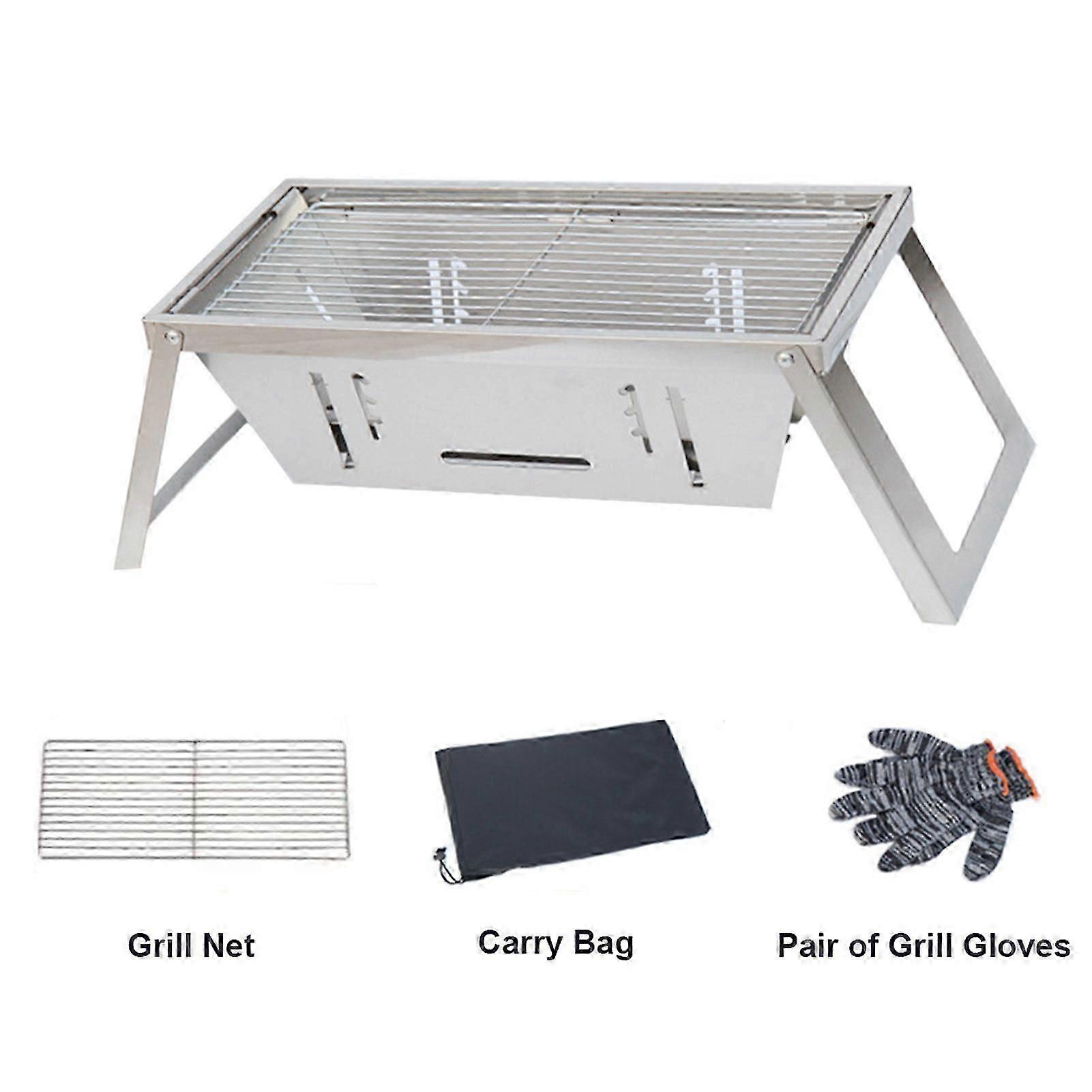 Adjustable Portable BBQ Grill  Stainless Steel Folding Design with Gloves