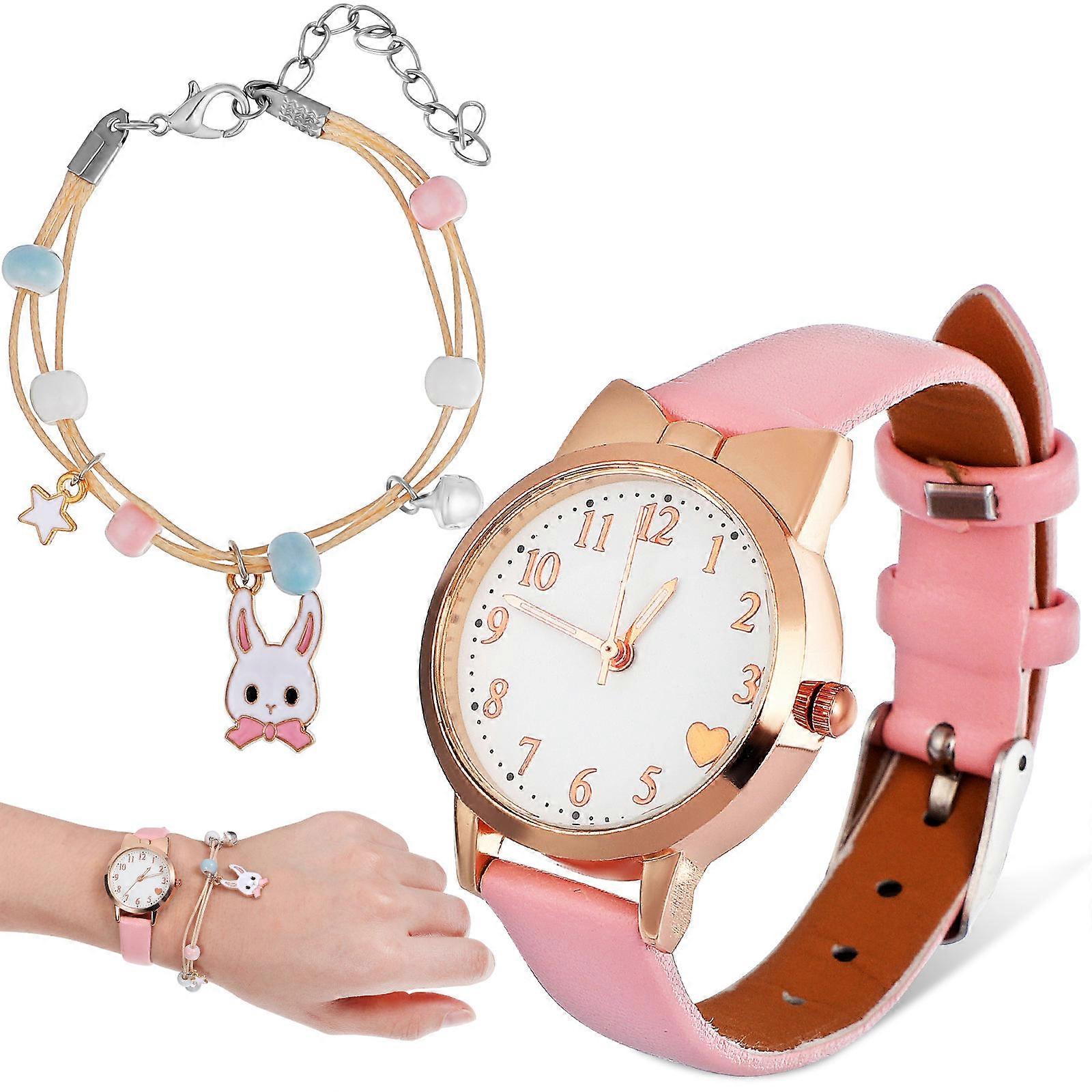 Childrens Watch With Rabbit Bracelet Charming And Sophisticated Quartz Movement For Kids 2Pcs Set