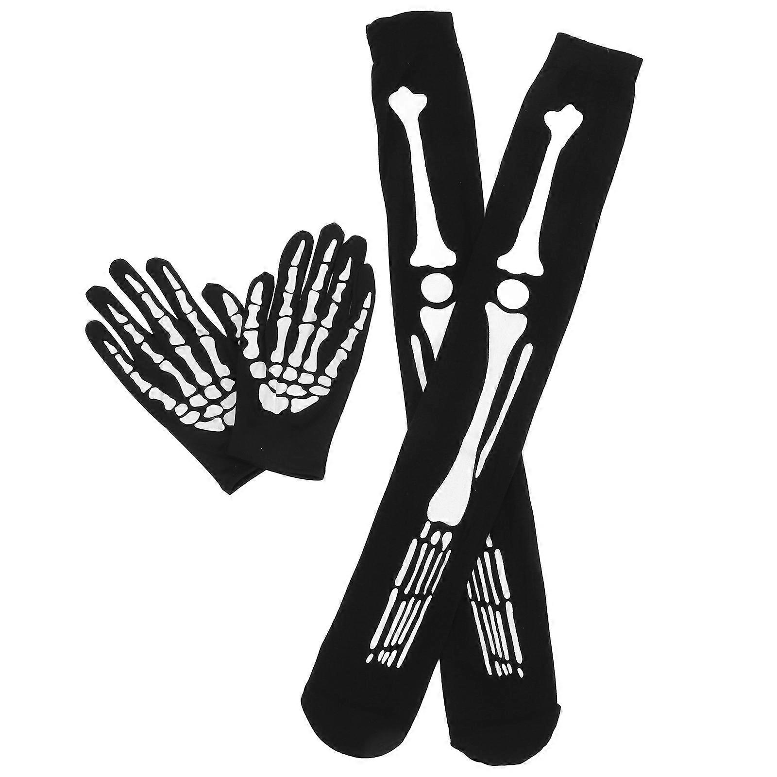 Halloween Skeleton Gloves and Stockings Set – Full Finger Bone Design, Skull Print Socks, Comfortable Costume Accessories for Parties and Cosplay