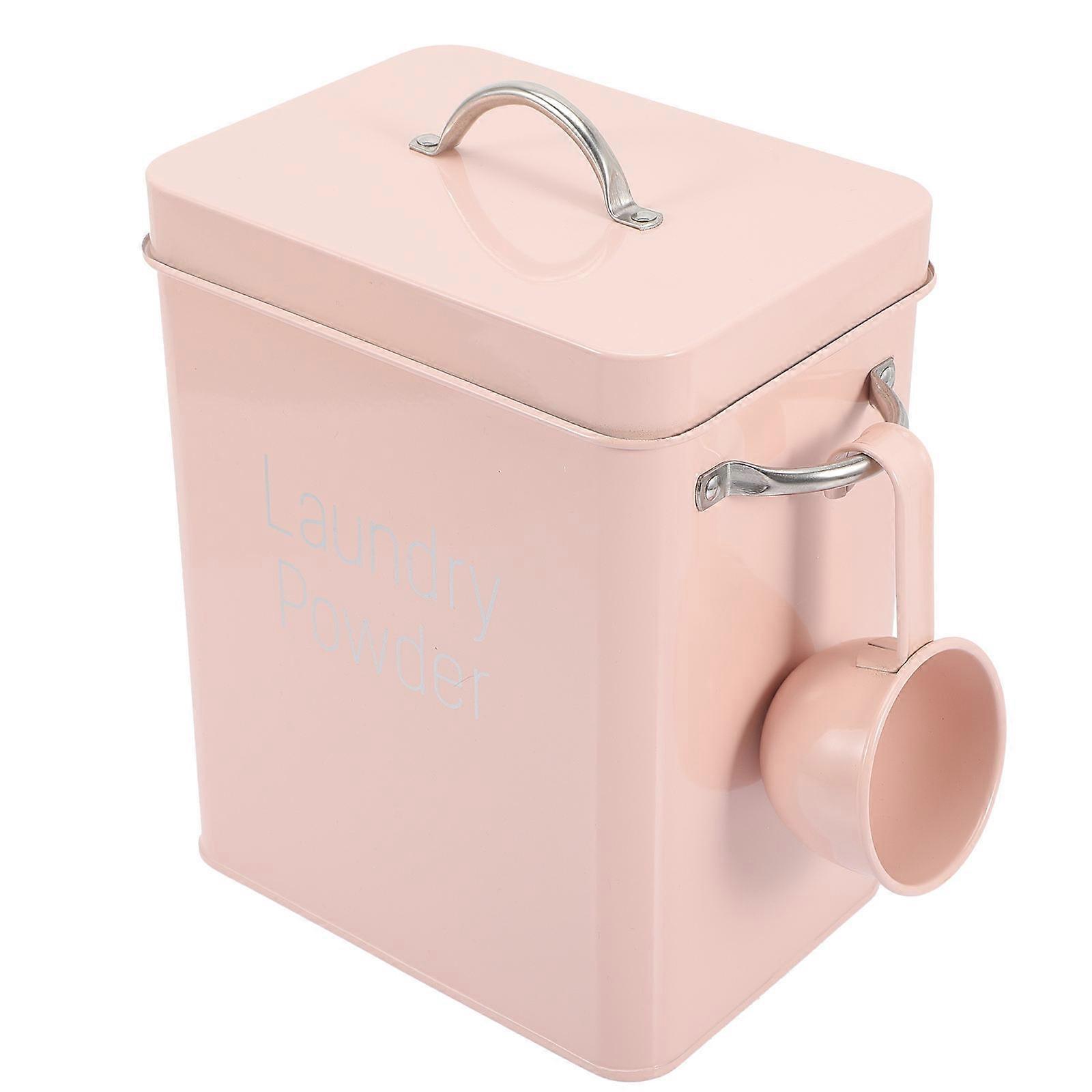 Laundry Soap Powder Storage Box, Portable Metal Container with Lid and Scoop for Moisture Control, Organizing Laundry Accessories, Pink