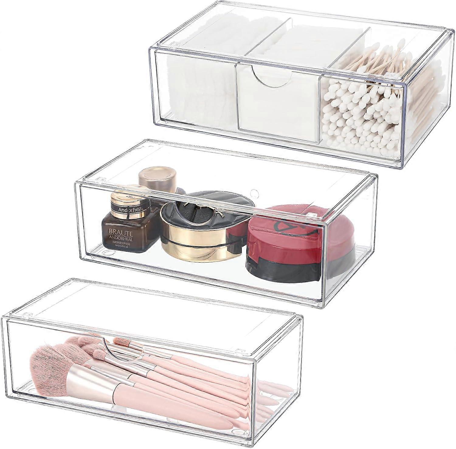3 Pieces Makeup Organizer Drawers Bathroom Organizer Mini Stackable Clear Acrylic Makeup