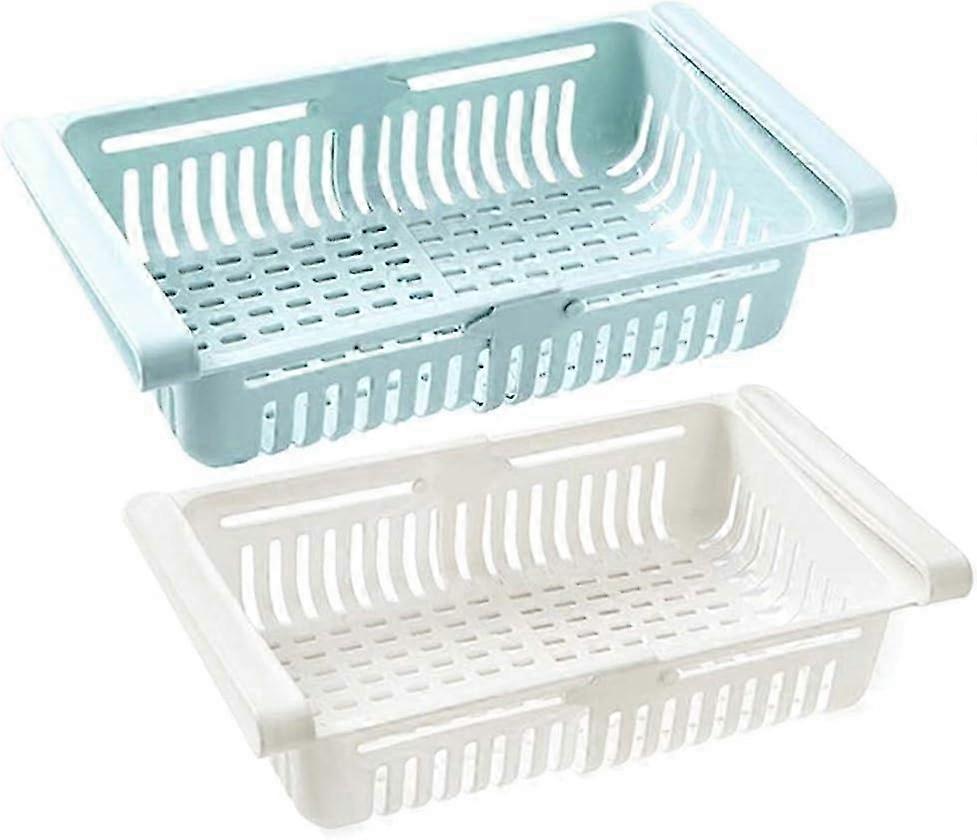 Retractable Fridge Storage Box 2-Pack, Multi-Function Drawer Organizer, White + Blue