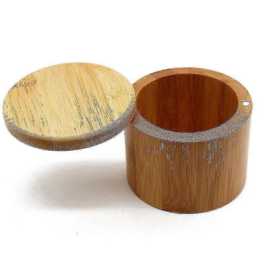 Bamboo Salt Box With Magnetic Swivel Lid, Round Spice Container, Se...