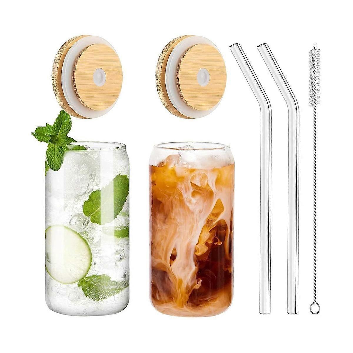 Drinking Glasses with Bamboo Lids and 2PCS Set, 16Oz Can Shaped Glass Cups with Lids and Straws,Bee