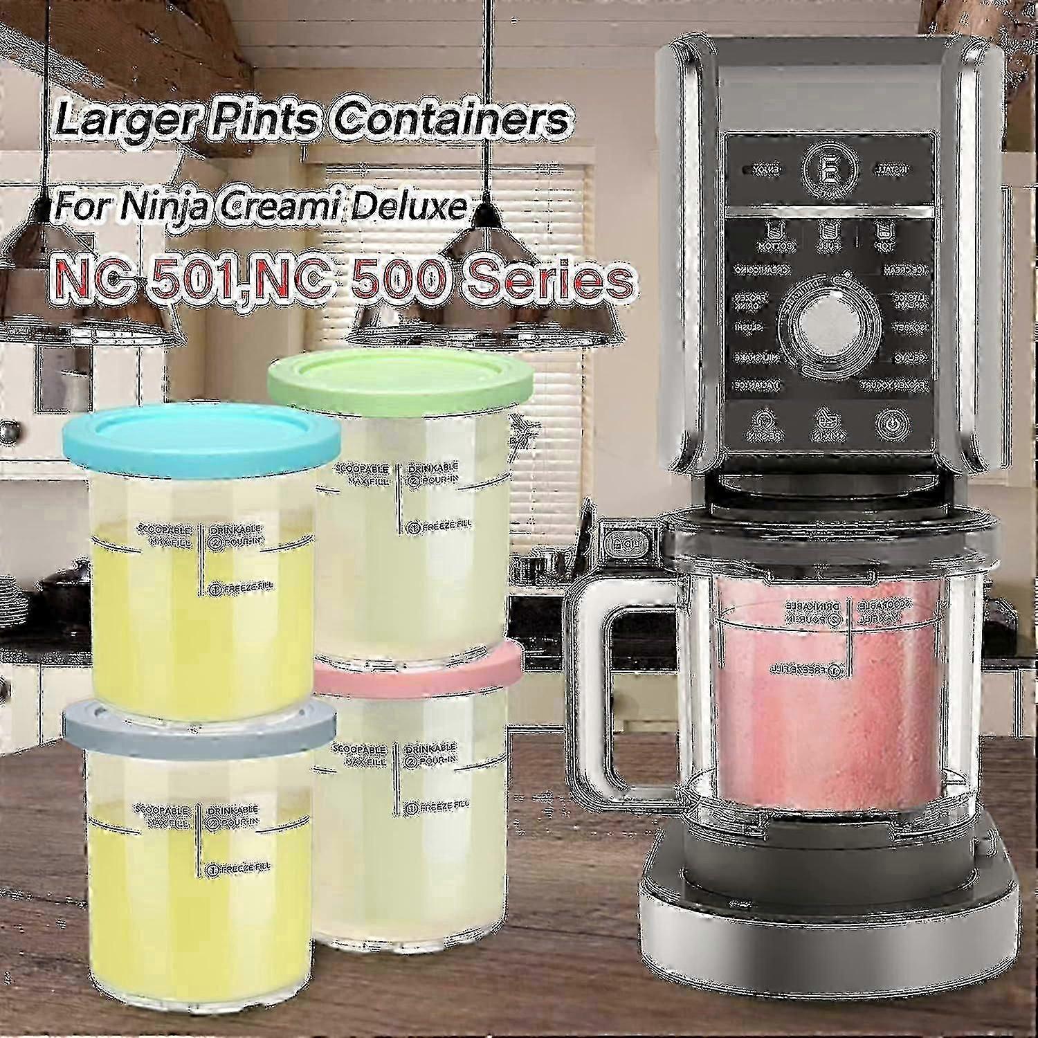 For Ninja Creami Deluxe Pints And Lids, 4pcs Replacement Pints And Lids Compatible With Ninja Nc501 Nc500 Series Ice Cream Maker