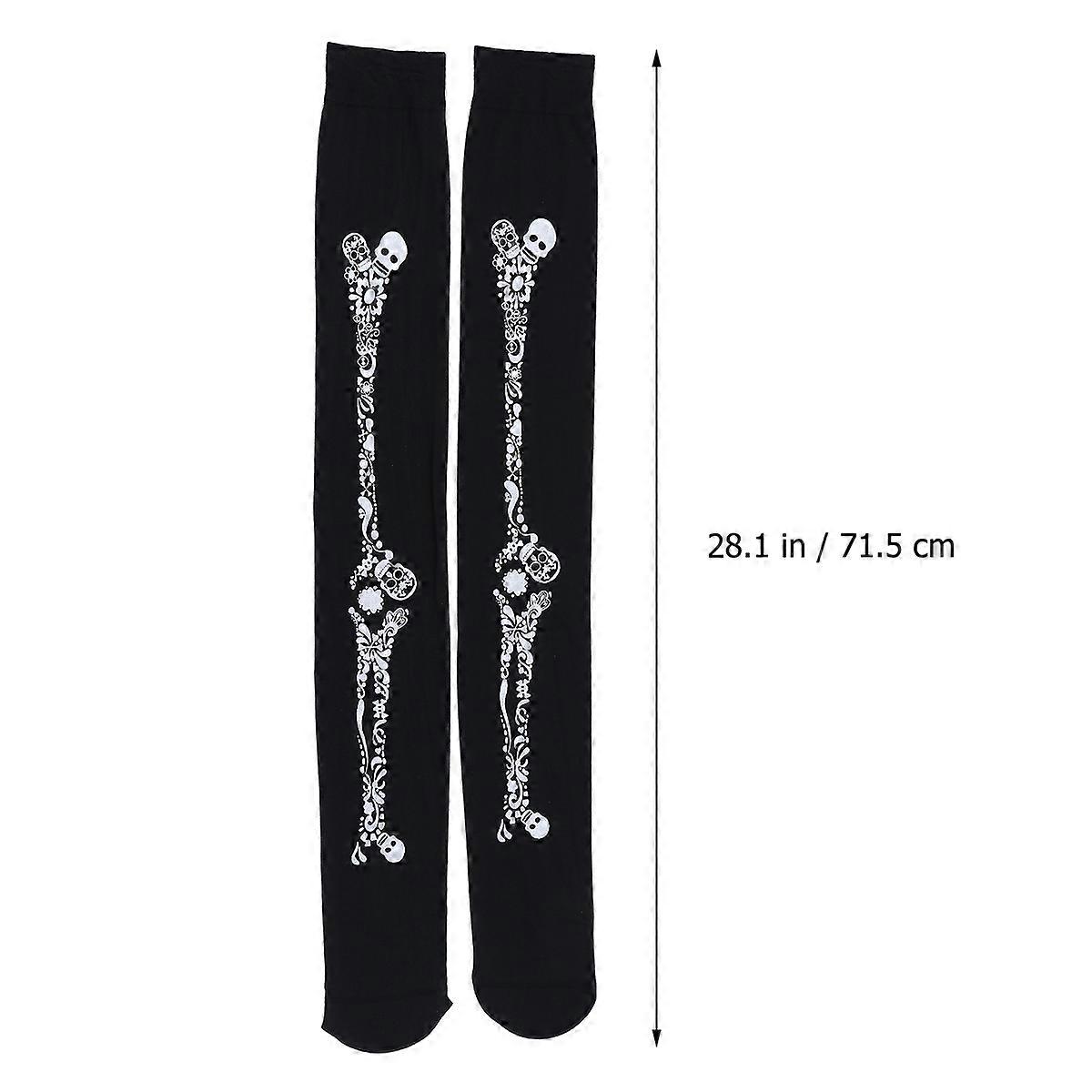 Skeleton Long Socks Halloween Stockings for Party 2Pairs Black Pattern