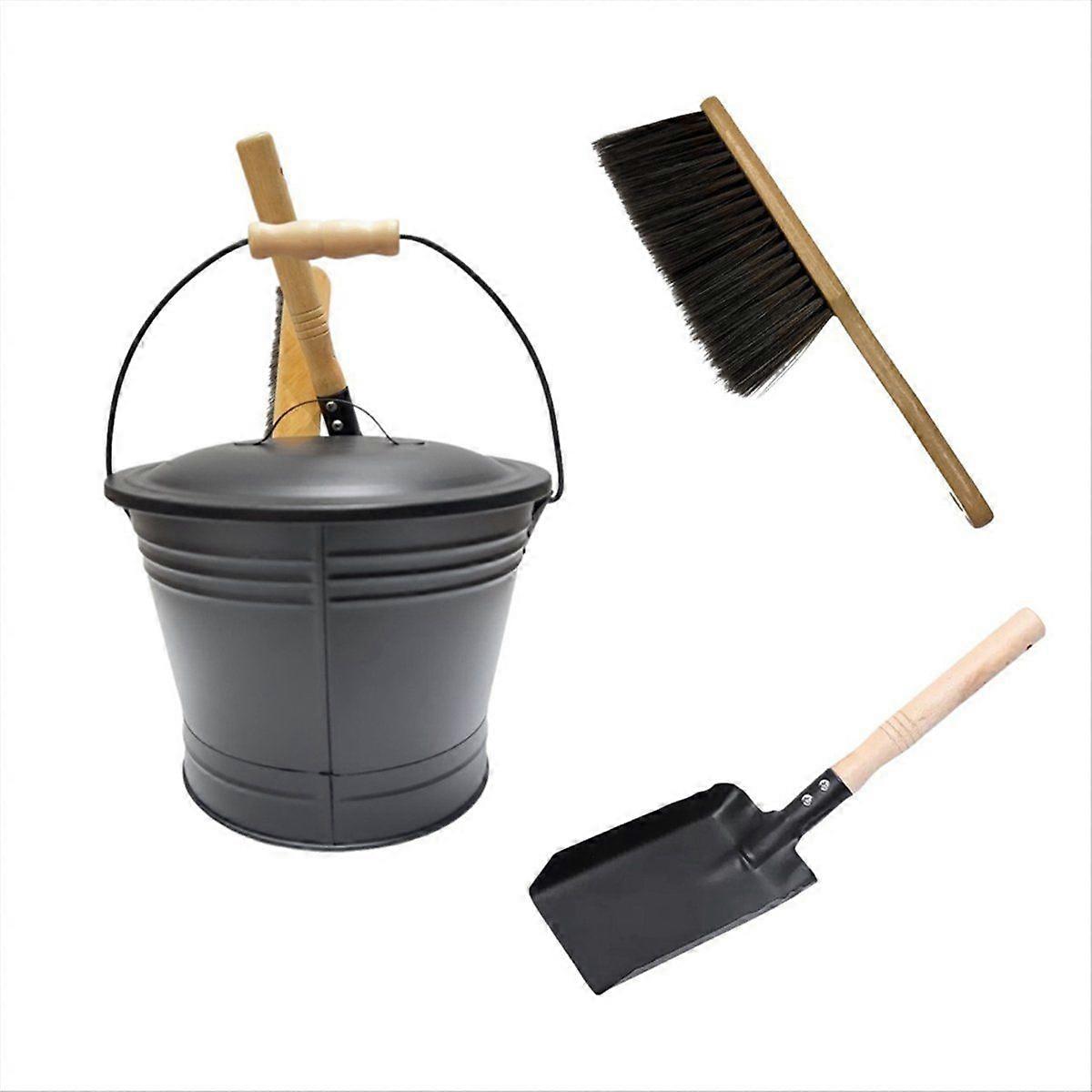 Ash Bucket with Lid, Shovel and Broom, Fireplace Metal Bucket with Lid, Charcoal Bucket and Ash Can