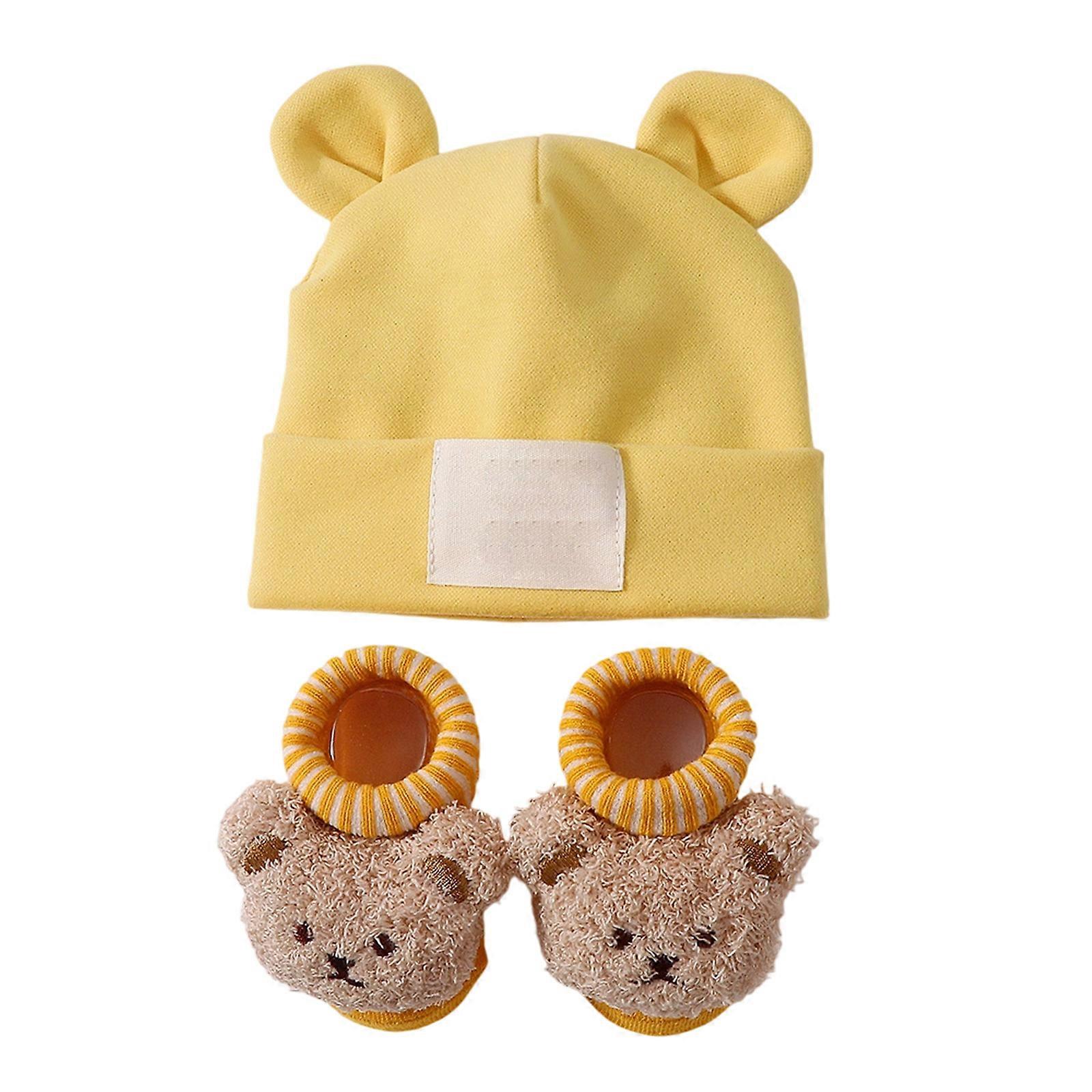 Breathable Ear Pattern Baby Hat and Socks Elastic Cotton Polyester Mix Gentle On Sensitive Skin Secure Fit for Infants  Yellow