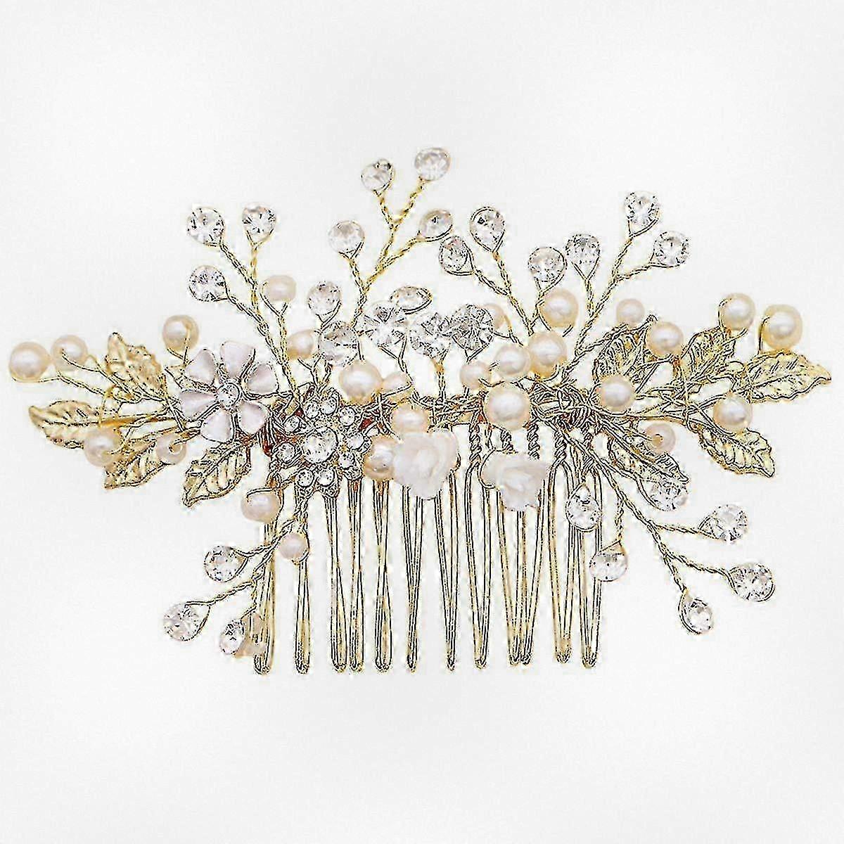 Peigne à cheveux de mariage en cristal et perles dorées - Accessoire de coiffure de mariée ajustable et flexible