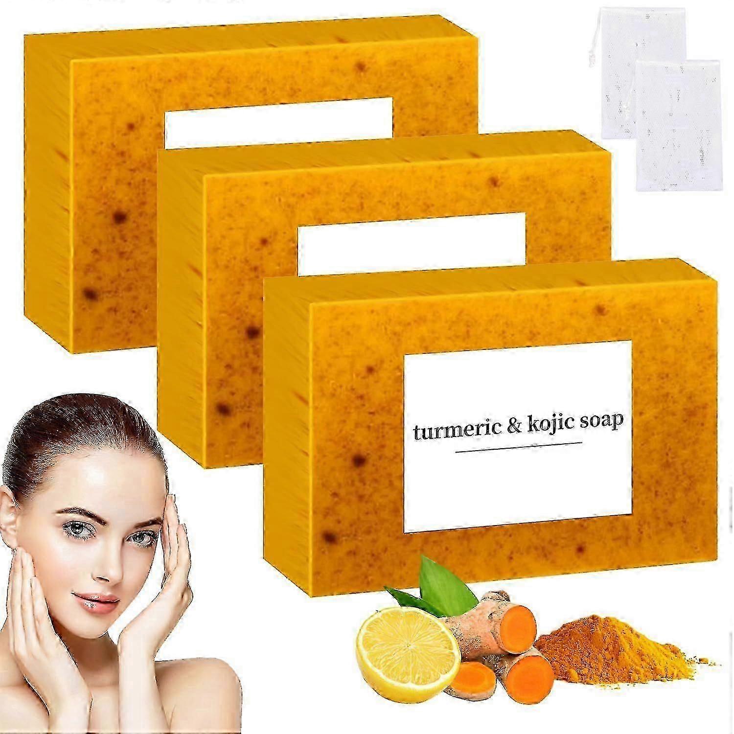 Lemon Turmeric Kojic Acid Soap,Natural Handmade Soap,Turmeric Soap Bar for Face and Body, Smooth Skin Tumeric Soap,Deep Cleansing Soap for Men & Women