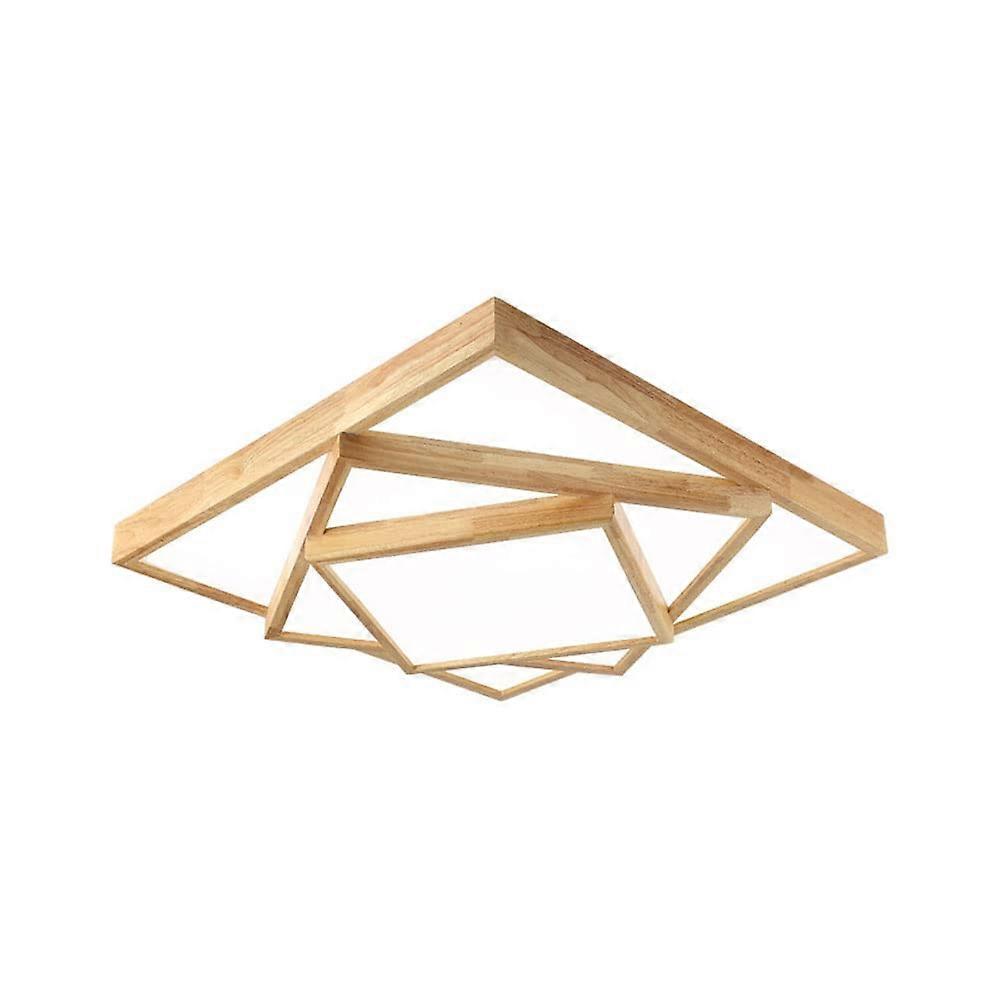 Creative Three-Layer Solid Wood Square LED Ceiling Lamp Flush Mount Light with Three-Color Dimming Acrylic Shade 15 Inch