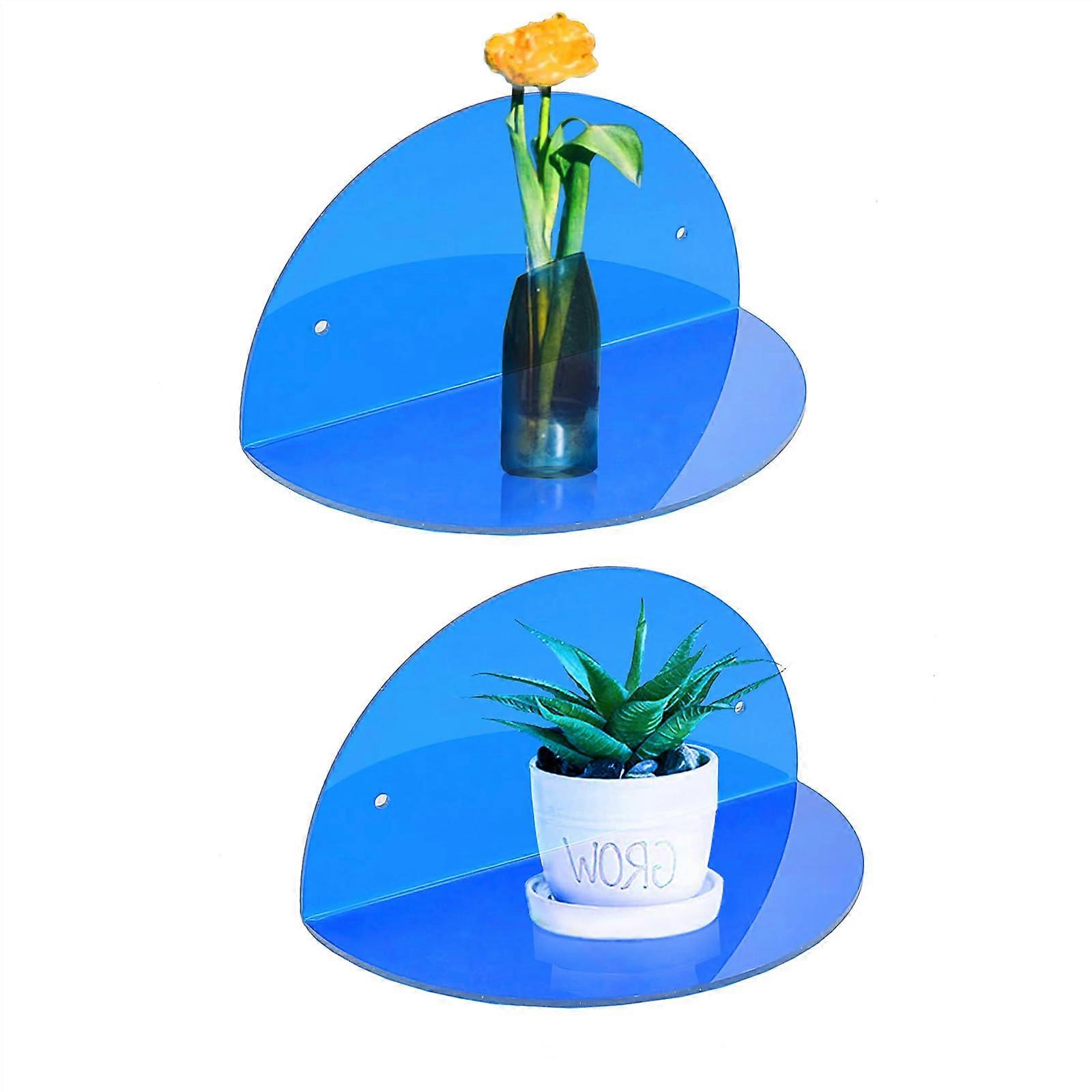 Acrylic Small Floating Shelves 2Pack, 8Inch Diameter, Wall Mounted Display Stand for Plants, Makeup, Toys, Blue