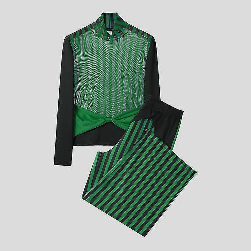 INCERUN Two-piece Men Long Sleeve Striped Mesh Sheer Bow Tops and Pants Sets