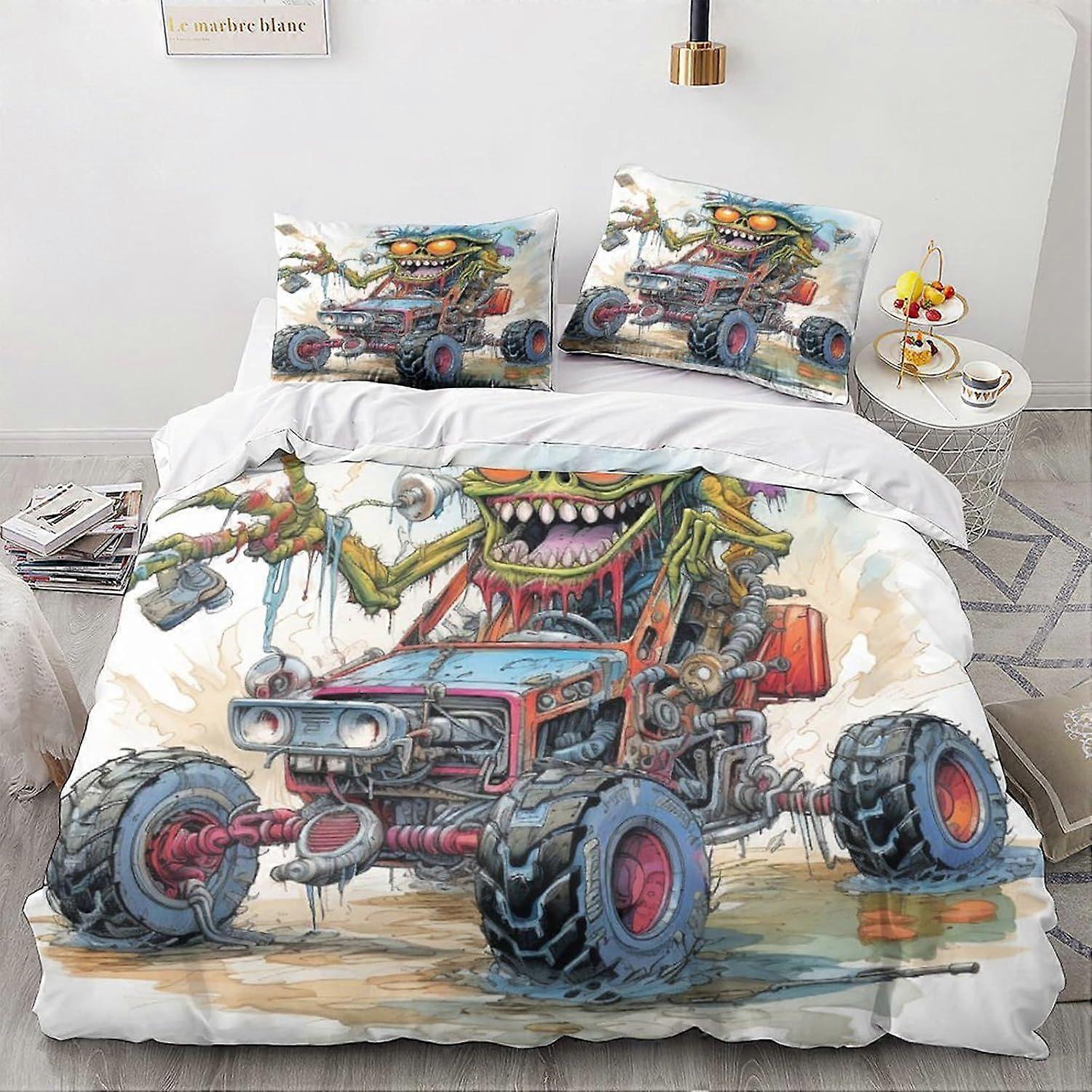 LikeEj Monster Duvet Capa 3D Vintage Car Impresso Colcha de Cama Capa Edredom dos desenhos animados com zíper Fechamento Soft Microfiber King