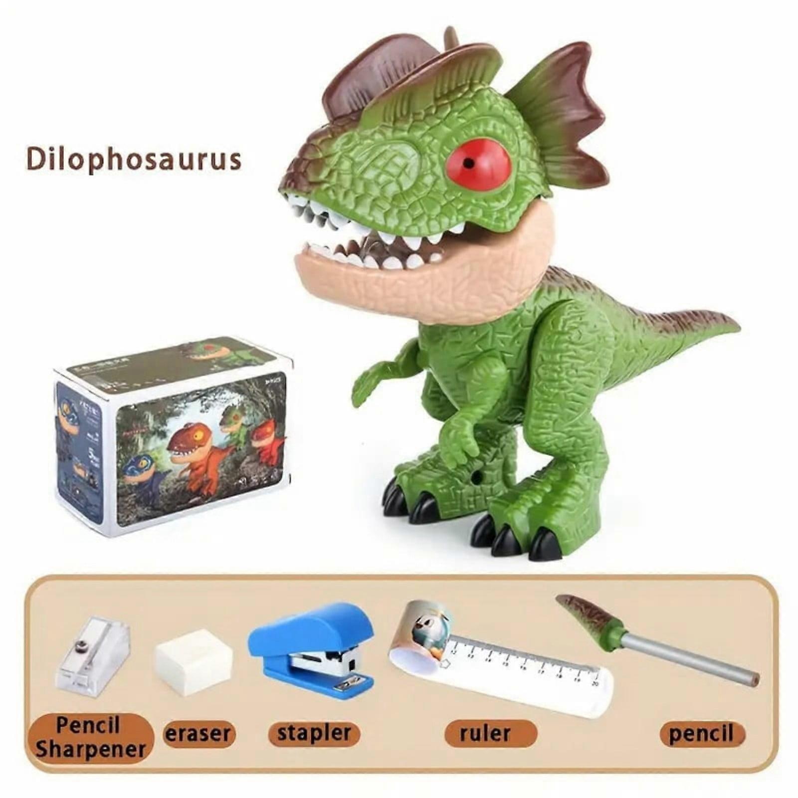 5-in-1 Dinosaur Stationery Set with Sharpener, Eraser, Flexible Ruler, Stapler & Model - Compatible with Kids School Supplies