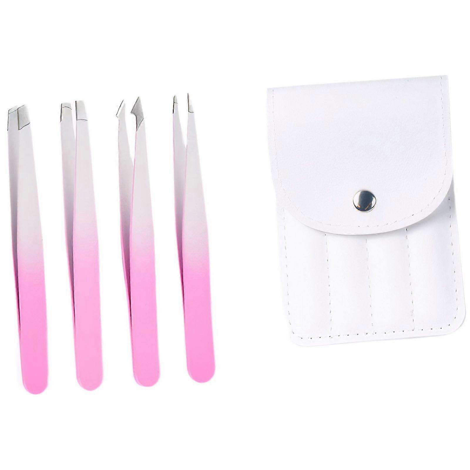 Eyebrow Tweezers Set of 4 Stainless Steel Precision Tools for Makeup and Eyelash Application (Light Pink, 9.6x1 cm)