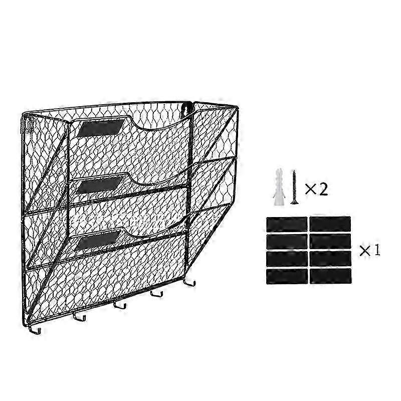 3 Tier Metal Mesh File Organizer Holder Hanging Mail Rack with Hooks