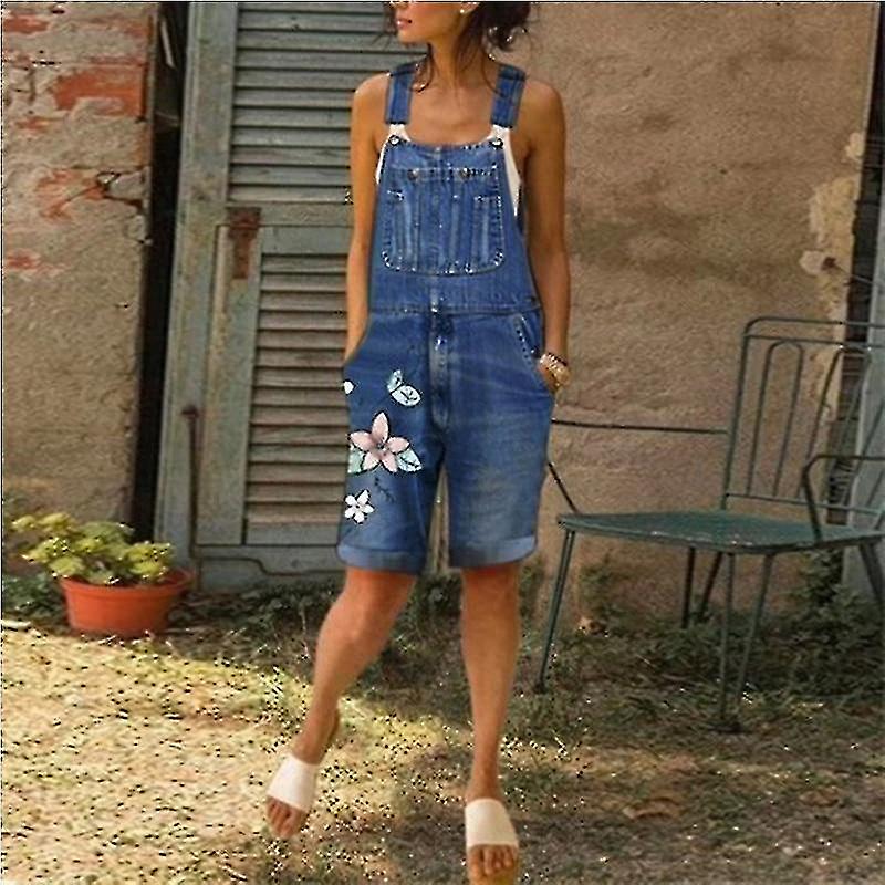 Kvinnor lösa jumpsuits Patchwork Design Pockets Decor Sling Flower Print Denim