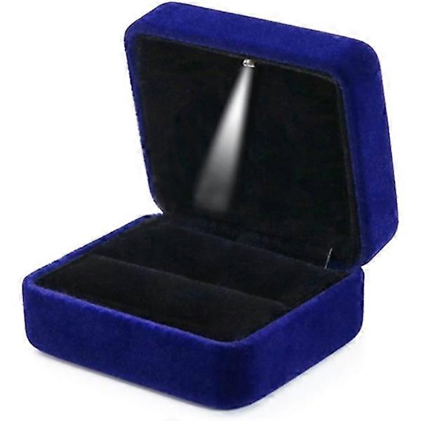 (Blue) Velvet Ring Box with LED Light Ring Box for Wedding, Proposal