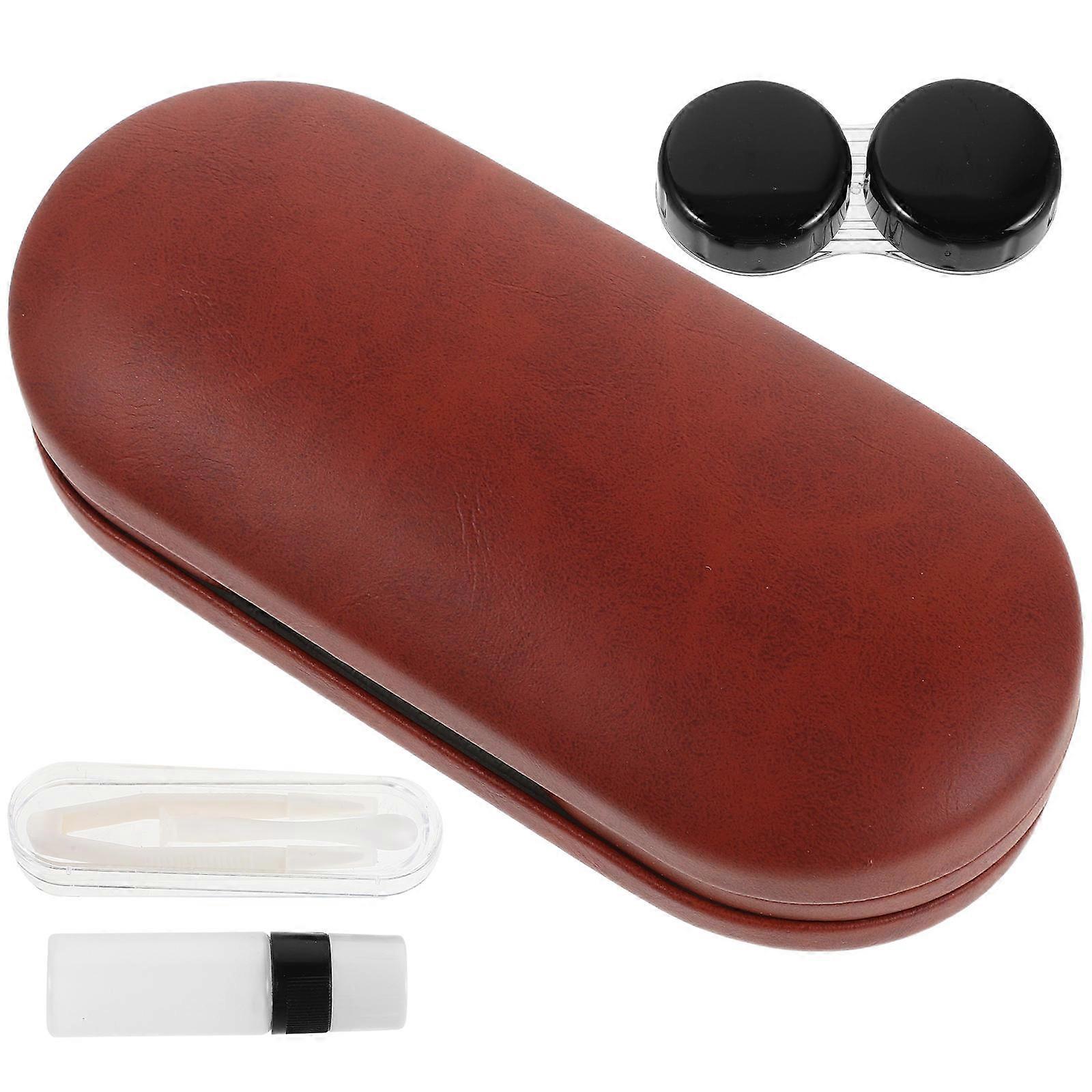 Compact Glasses Case Double Eyeglasses Case for Travel 3Pcs Coffee PU