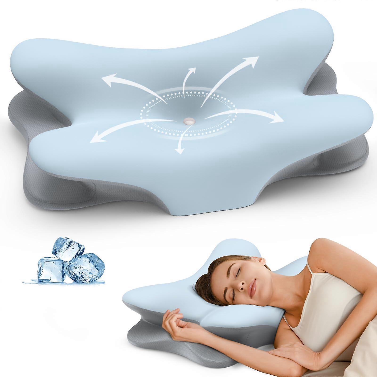 Cervical Neck Pillow with Ergonomic Dual Height Design, Cooling Memory Foam for Pain Relief and Spinal Alignment, Blue and Grey