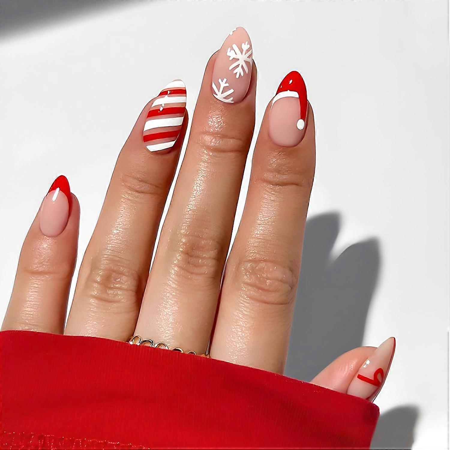 Christmas Press On Nails Almond Short with French Tip Xmas Hat and Snowflake Acrylic Design