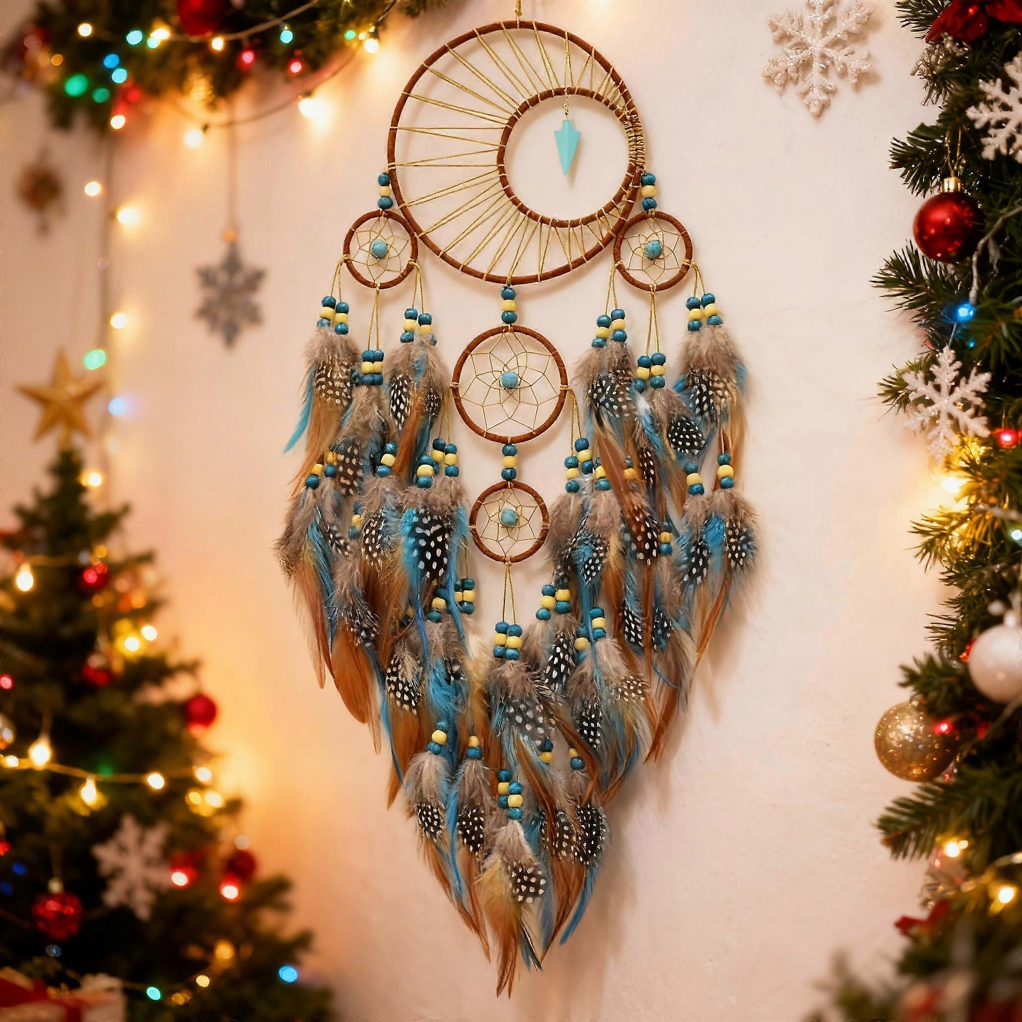 Large Boho Dreamcatcher Wall Hanging with Turquoise Moon and Five Rings Feather Design for Bedroom