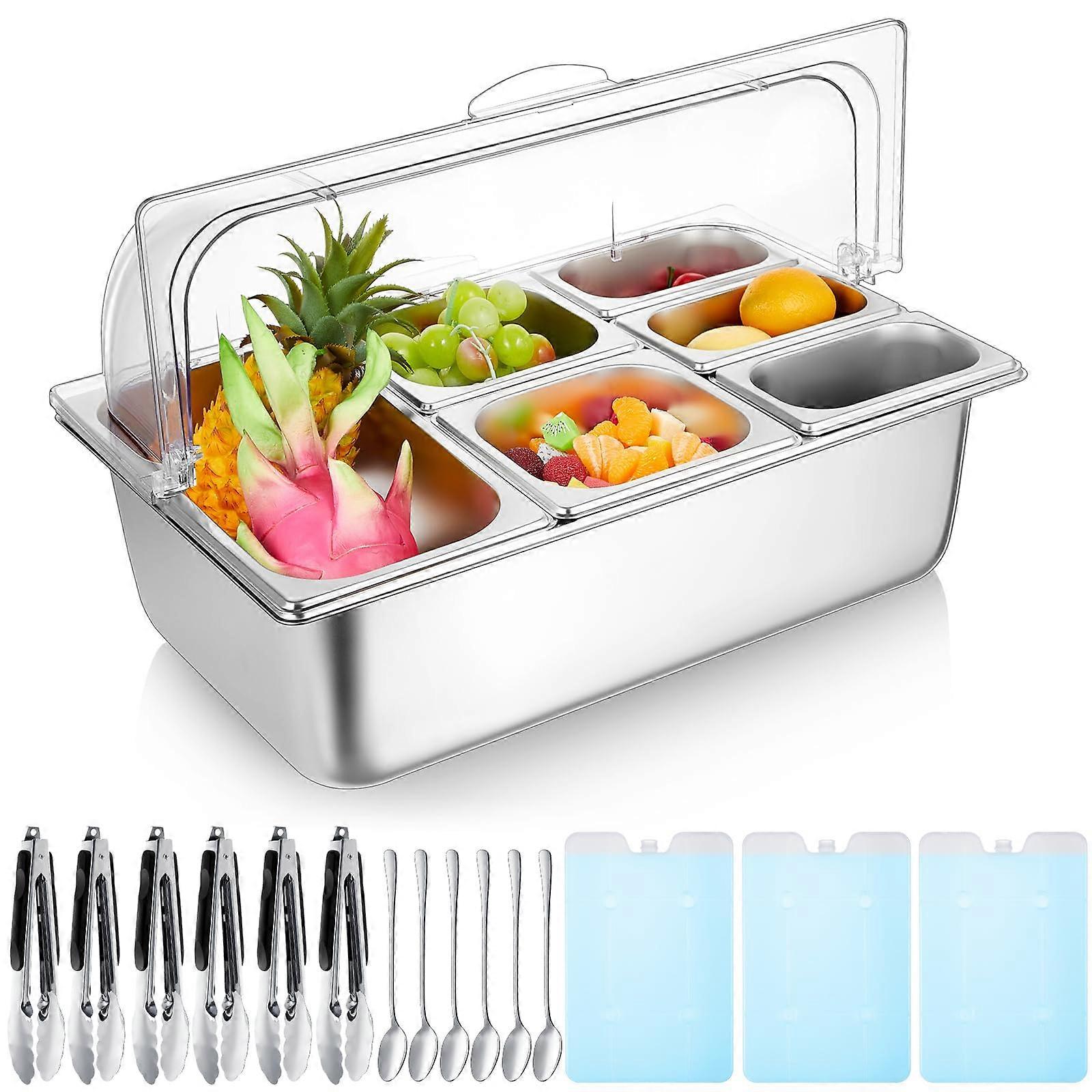 Condiment Server Stainless Steel Buffet Tray with Lid, Dual Temperature Control, 16 Pcs Mixed 6 Compartments for Restaurant Kitchen Party