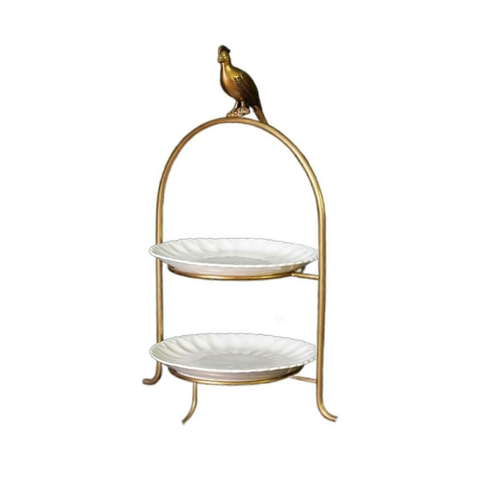Vintage Brass Parrot Cake Stand with Ceramic Tiered Dessert Display, Double Layer Fruit Tray