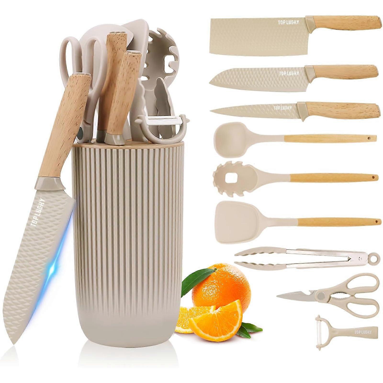 10 Piece Kitchen Knife and Utensil Set with Block, Sharp NonStick Blades, HeatResistant Handles