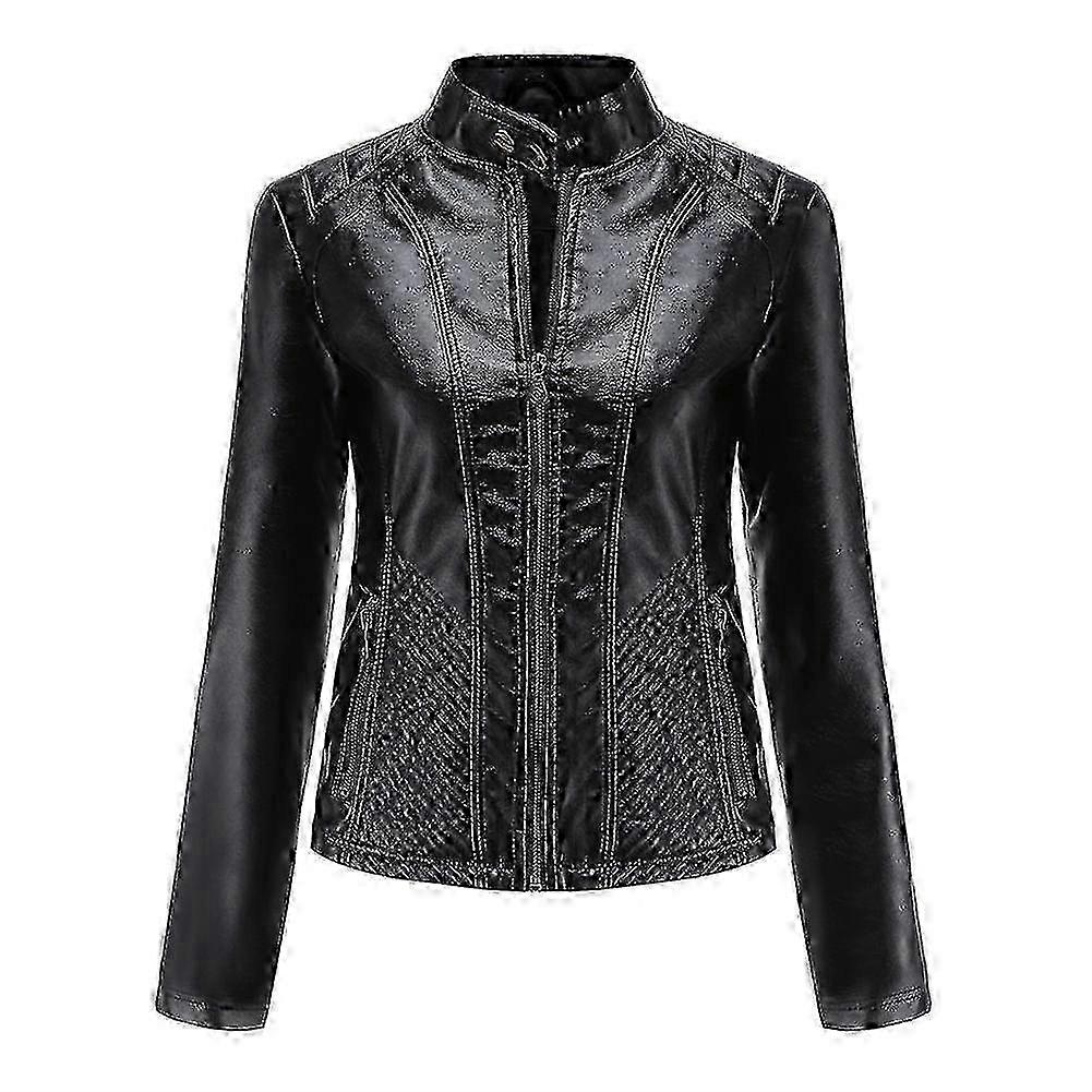 2025 Yynuda Women's Solid Color Embossed Stand Collar Slim Leather Jacket