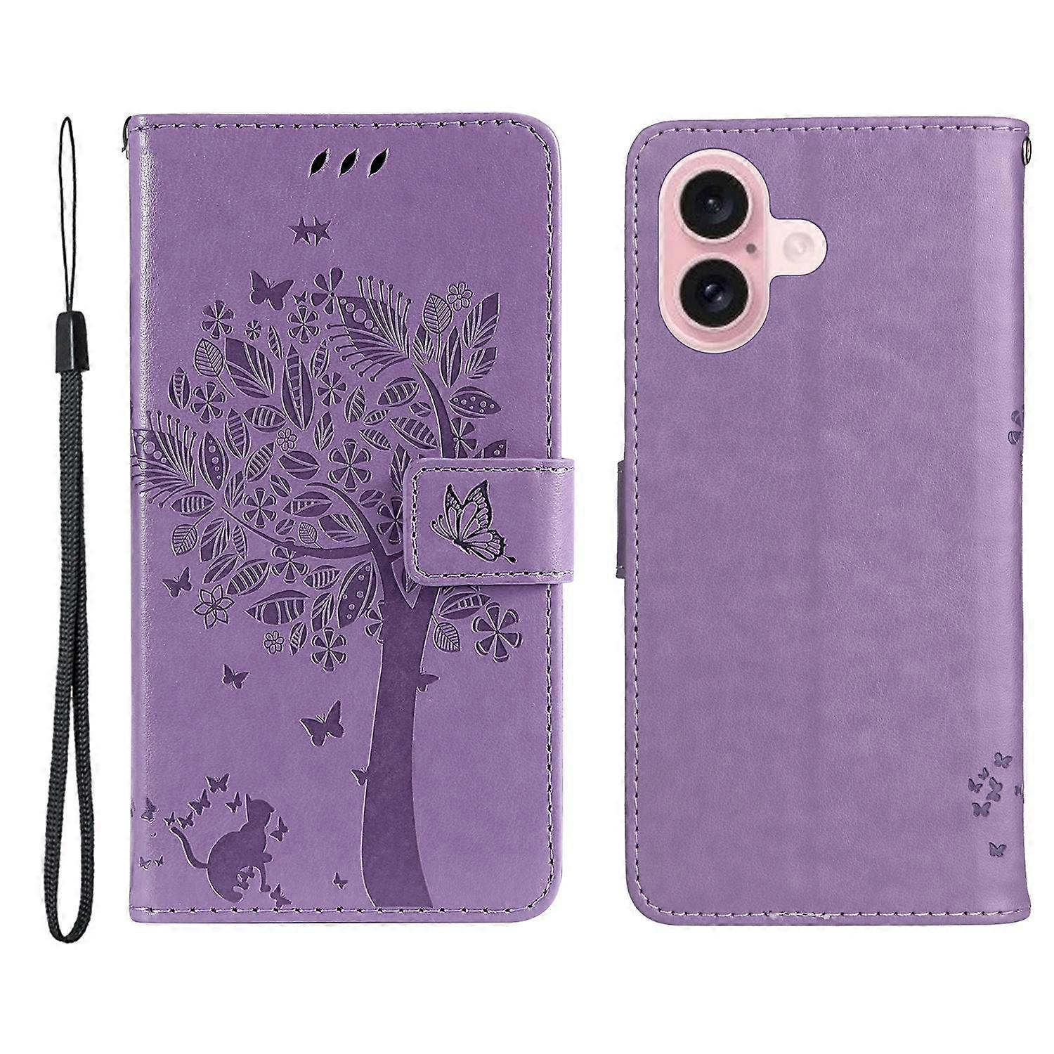 For iPhone 16 Phone Case with Stand Cat Tree Pattern Leather Wallet Mobile Cover