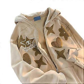 Womens Loose Hoodie Zipper Jacket Embroidery Oversized Zips Up Sweatshirts Hooded Coat Autumn Winter Clothes apricot