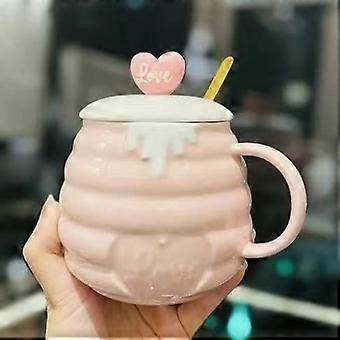 400ml Bee Mug Cute 3D Relief Ceramic Cup Creative Kitchen Office Coffee Milk Tea Cup with Cover and Spoon (Light Pink-love)