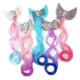 5-colors Unicorn Hair Clips Hair Accessories For Girls Glitter Hair Bows Braided Curly Wig Hair Extension For Kids Princess Dress Up5pcs)