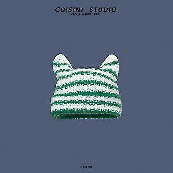 Warm Cat Ears Beanie Hat for Women, Cute Y2K Japanese Harajuku Little Devil Striped Knitted Autumn Winter Streetwear Bonnet Cap