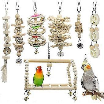 7 Pcs Natural Wood Chew Toys for Parrots, Parakeets, Macaws, Lovebirds - Multi-Layer Climbing and Exploring Set