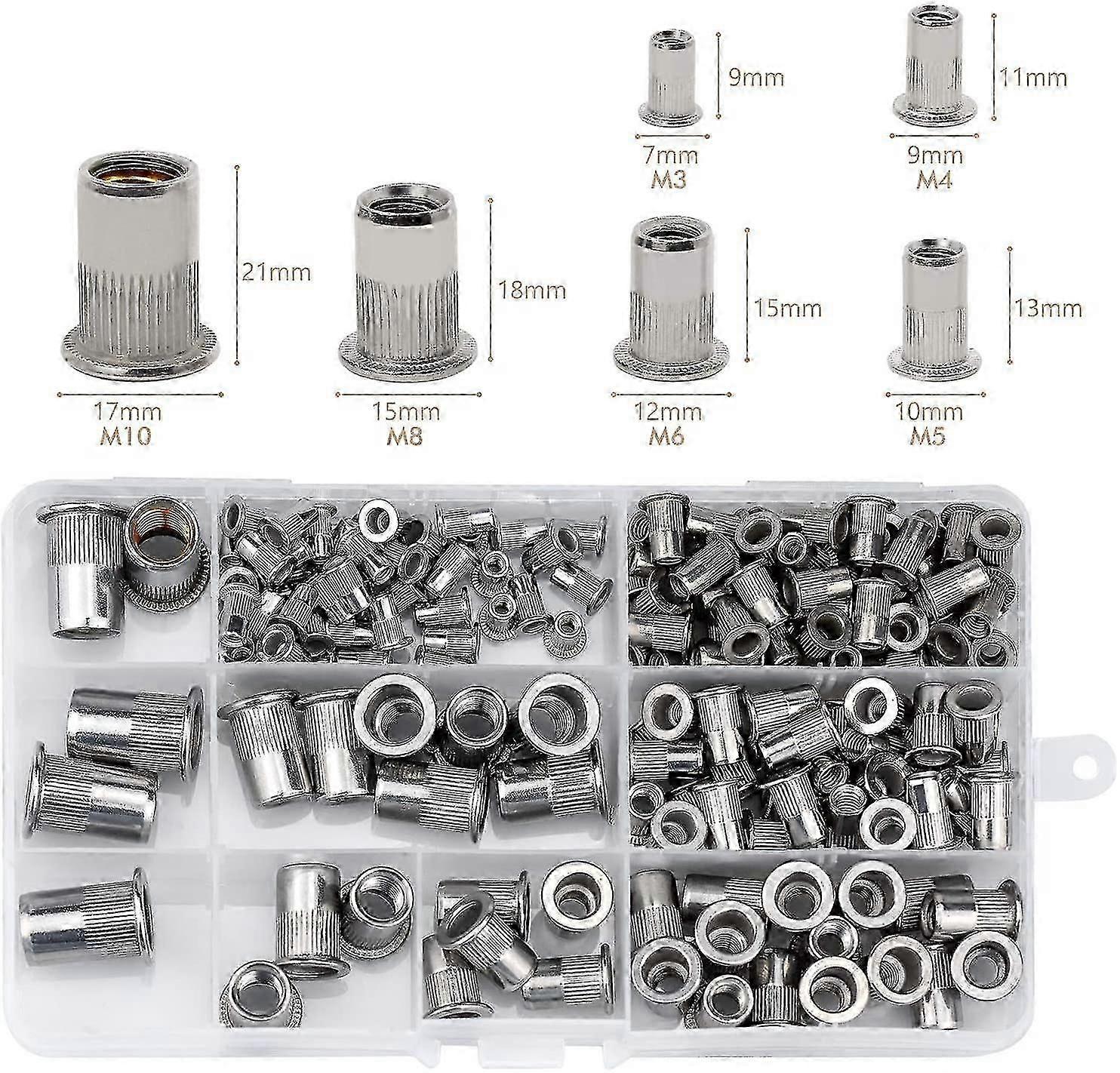165 Pack Stainless Steel Rivet Nut, Nut Tool Flat Threaded Head
