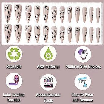 White Press on Nails Stiletto Medium Long Glue on Nails Acrylic Fake Nails with Black Leaf Design Manicure False Nails with Glue Gel Women Stick on Na