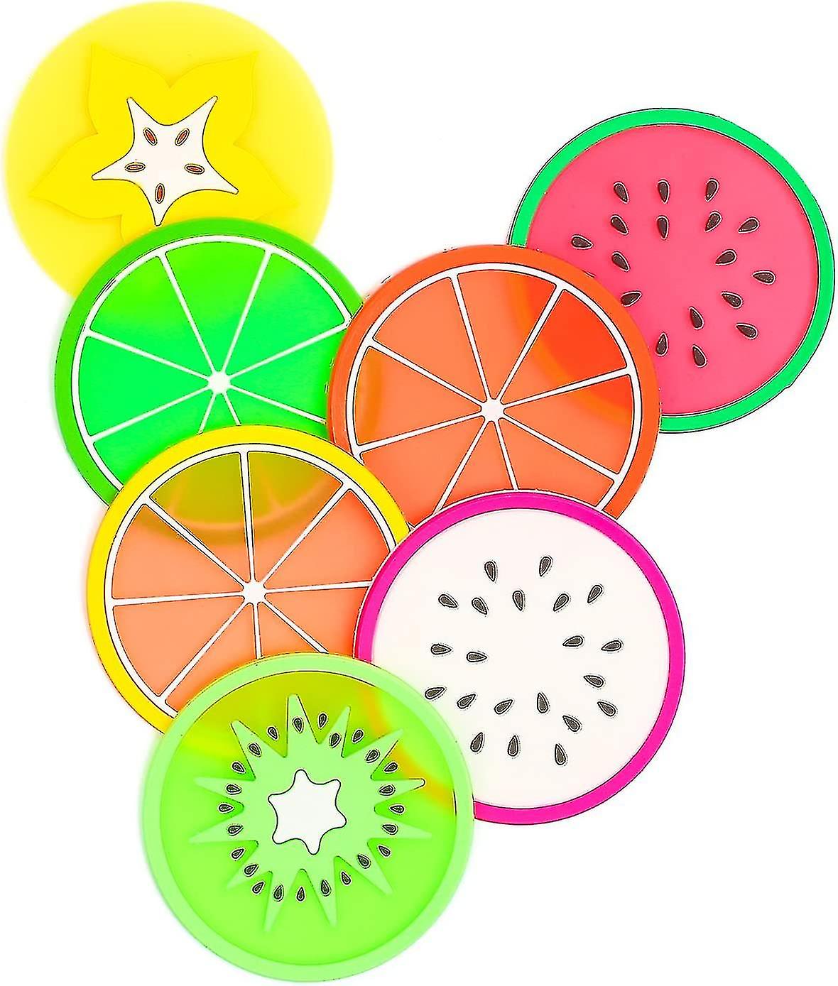 フルーツコースター、7pcs 3.5 "ノンスリップコースター断熱カラフルユニークなスライスシリコンドリンクカップマットドリンク用家具とタブを防ぎます
