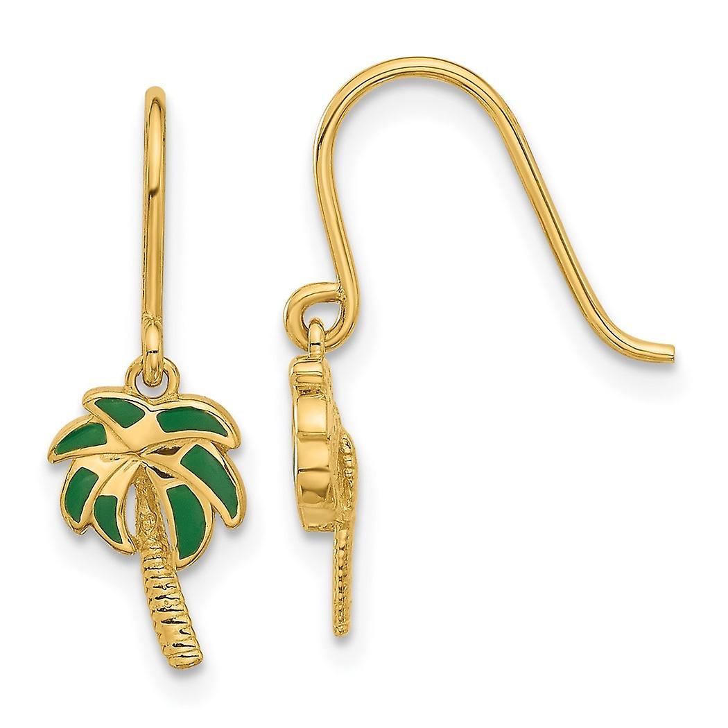 14k Solid Yellow Gold Polished Green Enameled Palm Tree Shepherd Hook Long Drop Dangle Earrings 21x7.5mm Wide-Dangle Ear