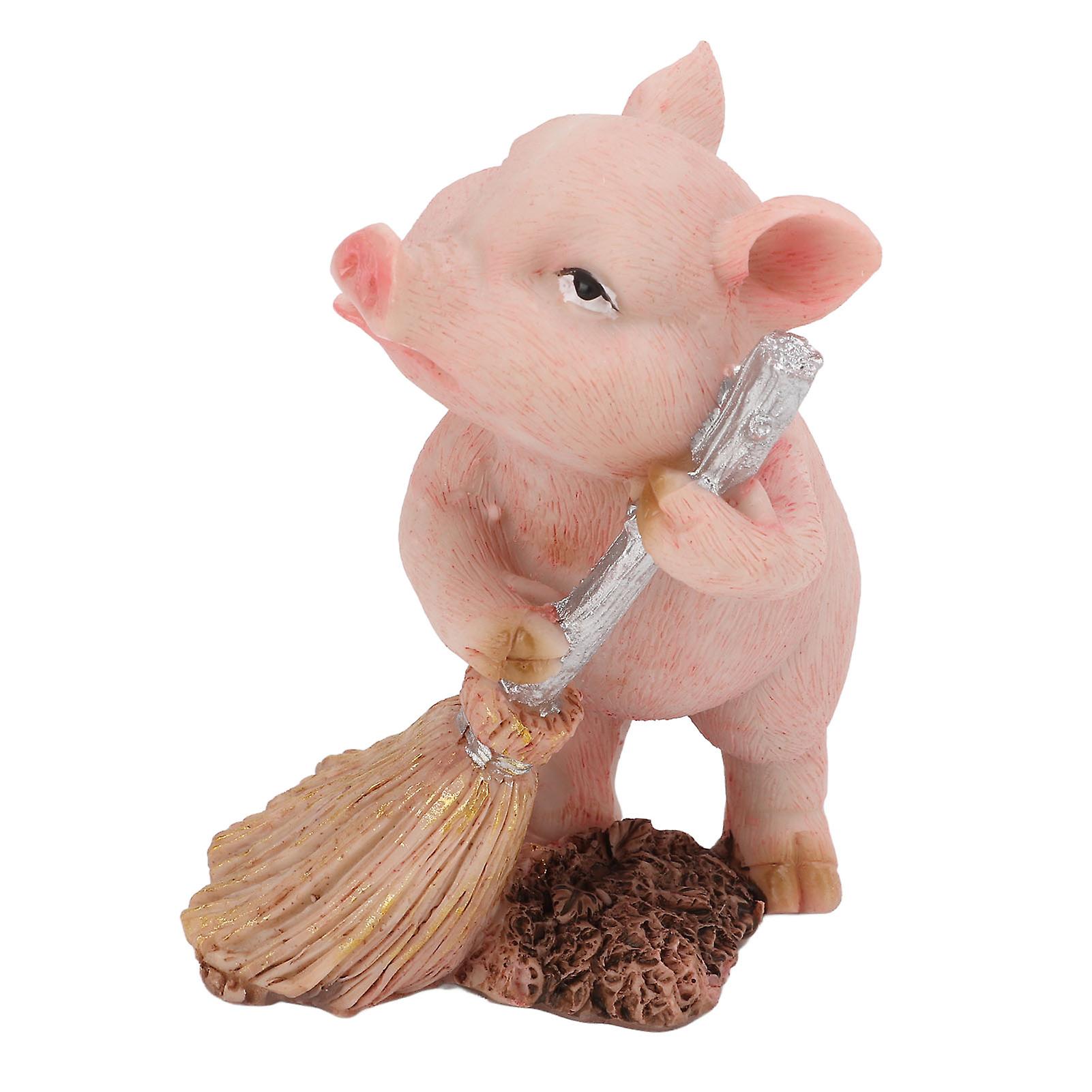 Pig Figurine, Miniature Size, Resin Floor Sweeping Design