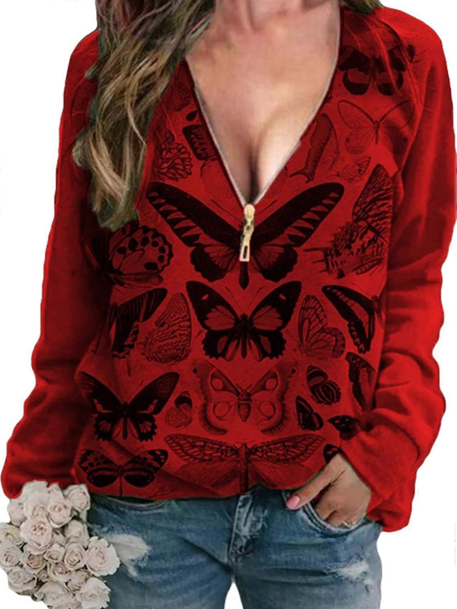 Women's Butterfly Printed V-neck Zip-up Sweatshirt Pullover Tops For Fall Winter