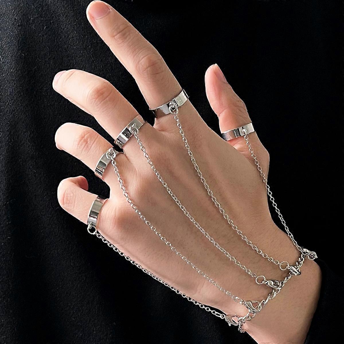 Punk finger link bracelet, silver, 8", adjustable open strap ring cha