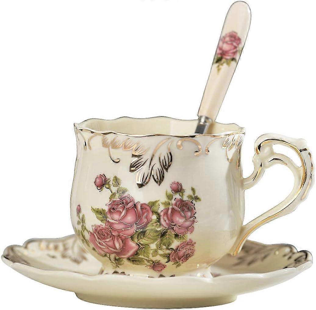 Pink Rose Cup and Saucer Set 240ml, Ivory Ceramic Tea Cup and Saucer with Spoon