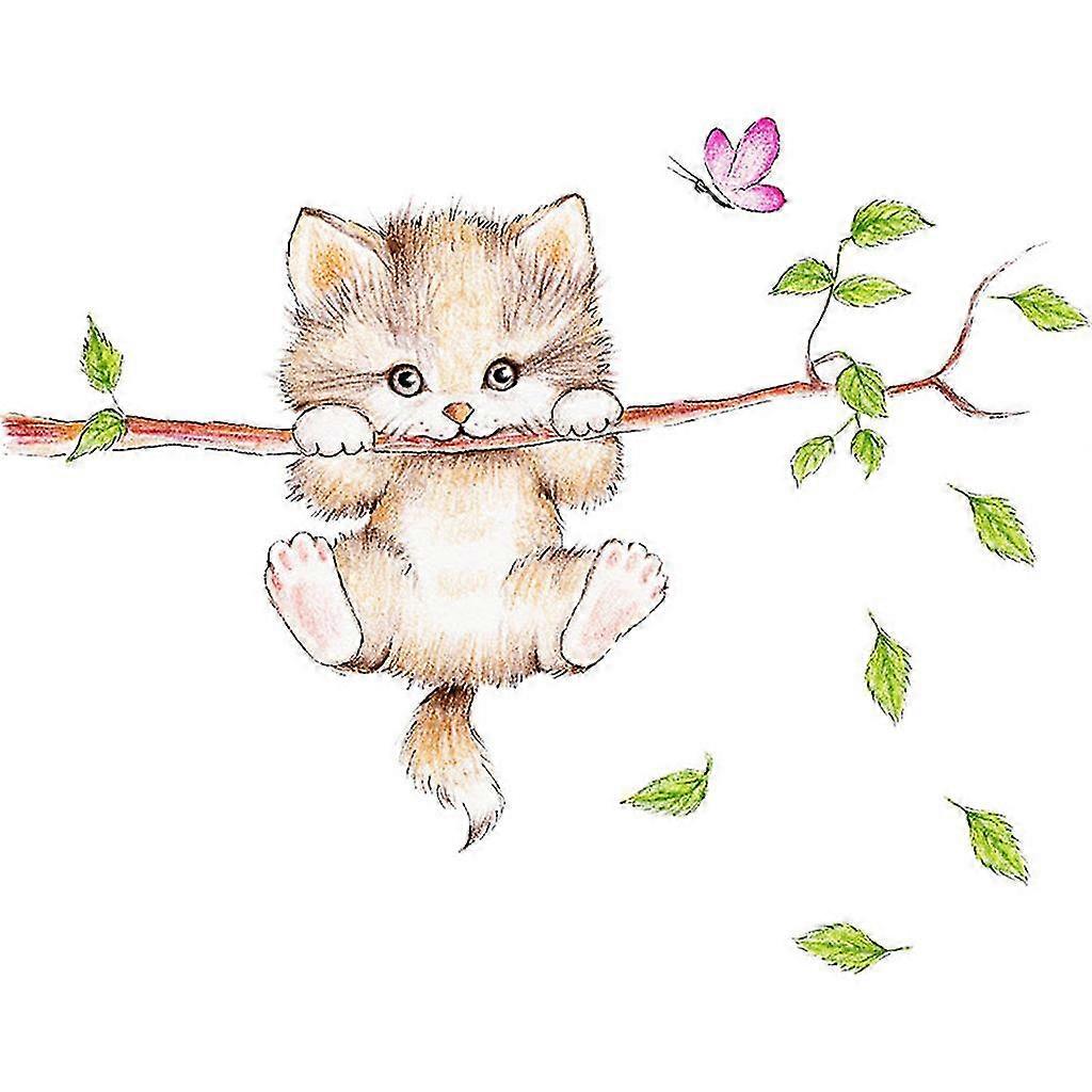 cartoon cat spring green leaf wall sticker bedroom study background wall sticker