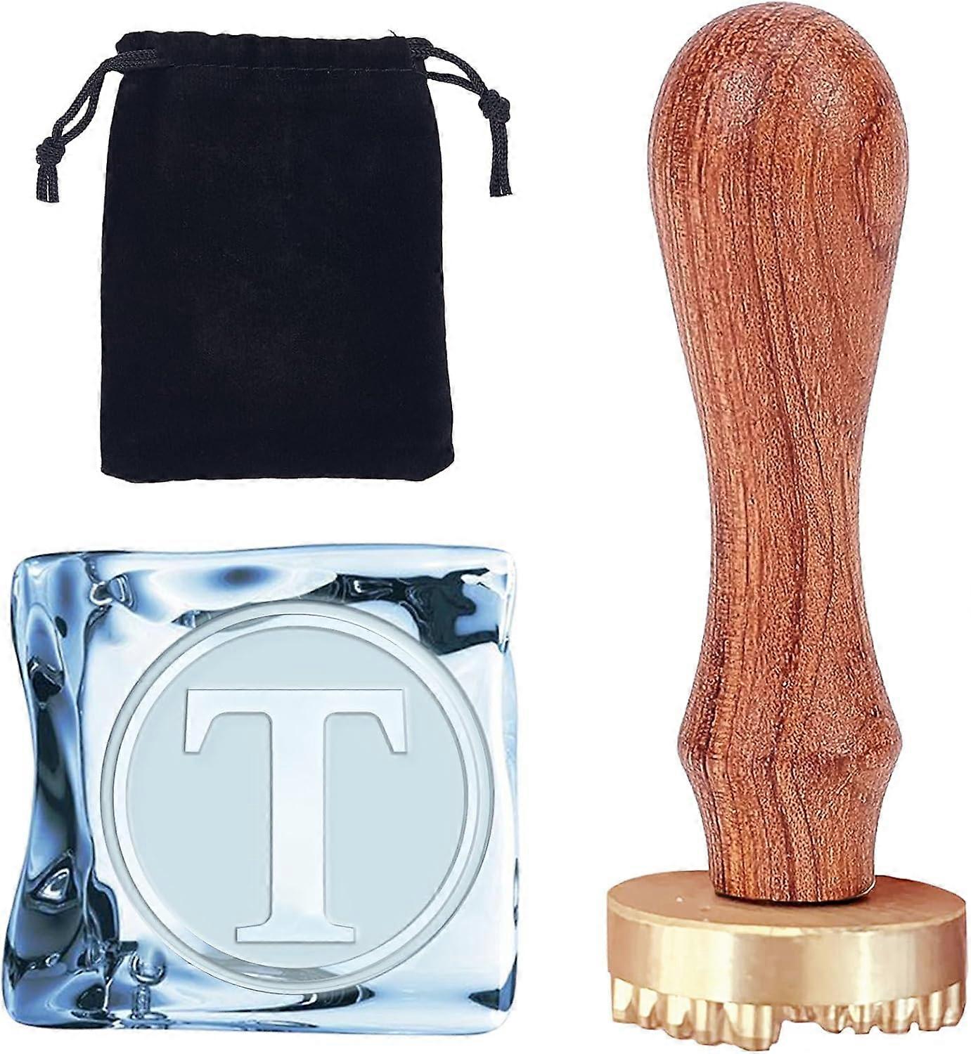 Initials T Ice Stamp Letter Ice Cube Stamp 1.2" with Removable Brass Head Replacement Wood Handle Ice Branding Stamp for Cocktail Party Whiskey Mojito