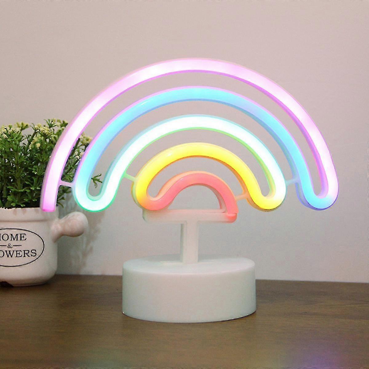Lampada da tavolo a LED arcobaleno al neon da 7,87 x 9, base bianca, luce notturna, per comodino, decorazione della camera da letto e feste; alimentata a batteria/USB